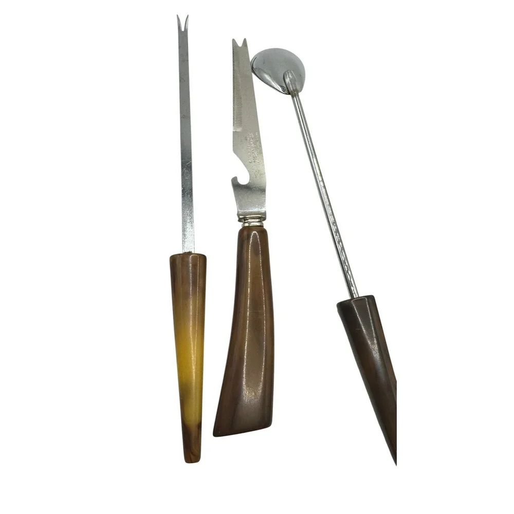 Vintage Sheffield MCM Barware Set‎ Glass Shaker Amber Bakelite Tools 15pc